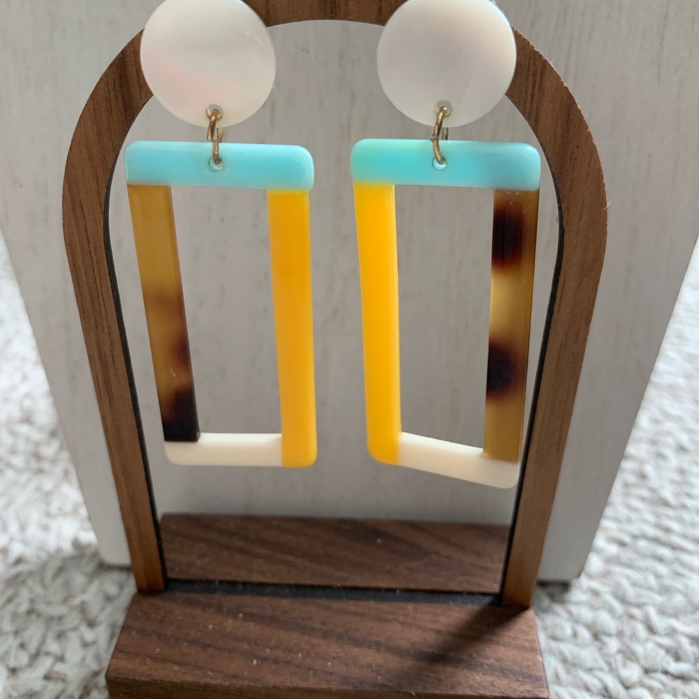 Colorblock Rectangular Drop Earrings - Turquoise, Yellow & Tortoiseshell - Picture 3 of 4